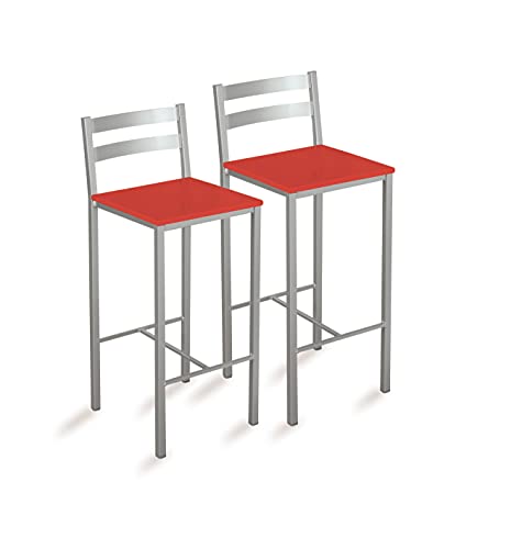 ASTIMESA , Due sgabelli alti da cucina con strisce orizzontali seduta, Altezza del sedile: 60cm, similpelle rossa