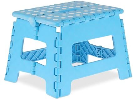 Relaxdays Sgabello Pieghevole, Sgabellino Antiscivolo con Un Gradino e Manico, Fino a 120 kg, 22,5 x 32 x 25 cm, Blu, 100% plastica