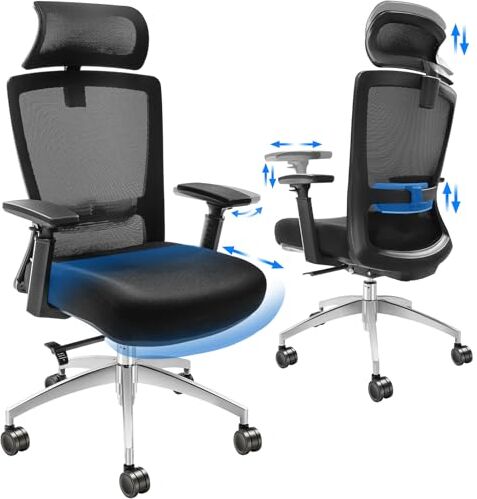 VEVOR Sedia da Ufficio Ergonomica con Supporto Lombare Poggiatesta Braccioli Regolabili, Sedia con Rotelle da Ufficio Reclinabile Girevole Sedile Scorrevole per Ufficio Home Office Studio Colore Nero