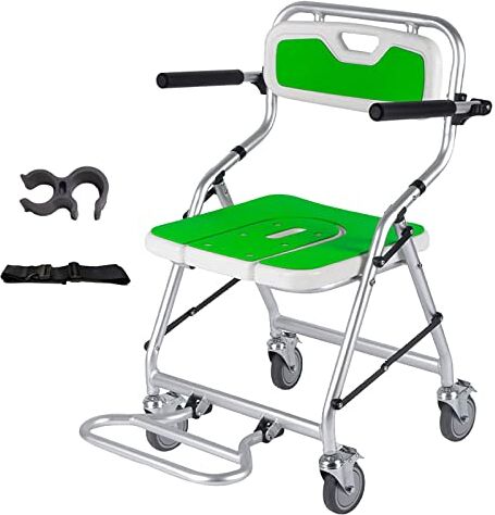 Generic Sedia Comodino Comodino Pieghevole Comodino, Comodino Portatile Comodino Sedia, Sedia Doccia Bagno con braccioli E Ruote, Sedia Toilette in Alluminio per Anziani Handicap (Color : Green, Siz