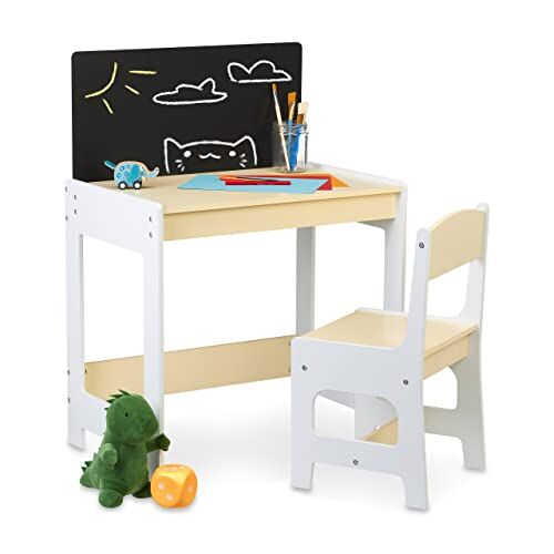 Relaxdays Tavolino da Bambini, con Sedia e Lavagna, per Giocare e Disegnare, Set Mobili Cameretta Bimbi, Beige Bianco, 88 x 62 x 42 cm