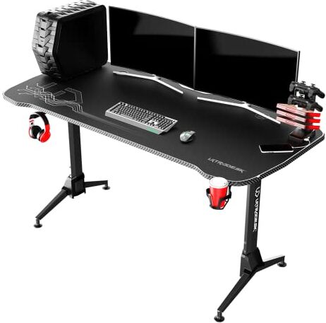 Ultradesk Grand Scrivania Da Gioco Con Ampio Spazio Di Lavoro, Pad XXL, Gestione Dei Cavi Rack Da Gioco Con 4 Porte USB, Regolazione Dell'altezza A 3 Livelli Struttura In Acciaio, Pad Bianco, 160x75cm