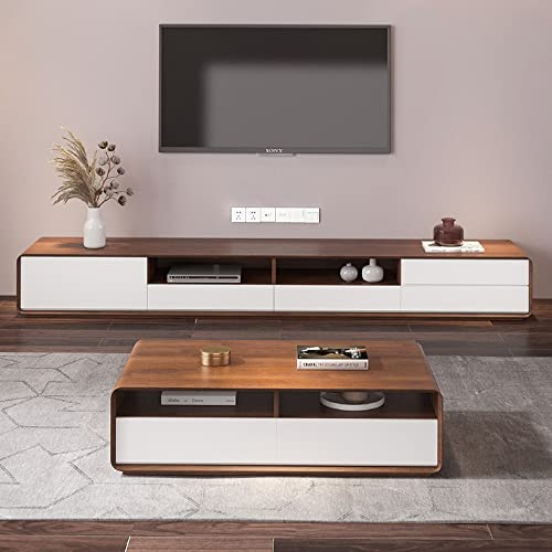 POVISON Mobile TV Moderno 200cm, Mobile TV in Legno Bianco con 4 Cassetti, Mobile contenitore Aperto, Impiallacciato in Noce, Nero, Completamente Assemblato, 200 * 40 * 38cm