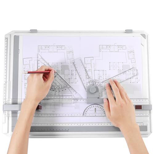 eSynic A3 Tavolo da Disegno Multifunzionale 50.2x36.8cm con Sistema di Misurazione Regolabile Angolo Set Tavolo da Scrittoio con Goniometro Localizzatore Carta Righello Scorrevole Gamba Antiscivolo