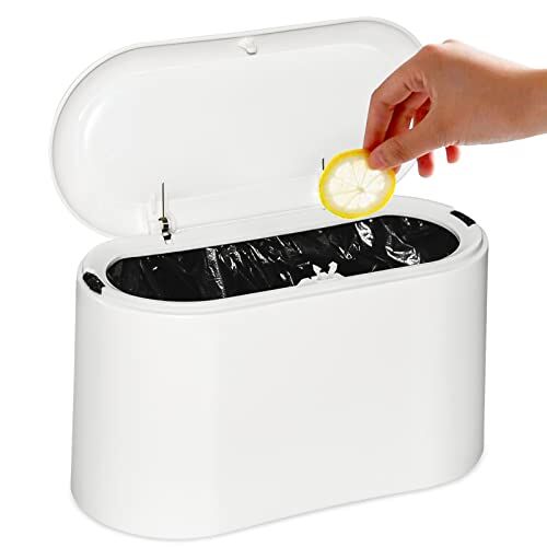 AOKITO Cestino Spazzatura con Coperchio, da Tavolo con Pop-up, Mini in Plastica, per il Letto Dell'auto Cucina Bagno ufficio Scrivania WC (1.5L,Bianco)