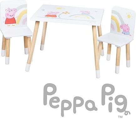 roba Set Tavolo + 2 Sedie per Bambini Peppa Pig dai 18 Mesi ai 10 Anni Robusto e Sicuro Materiali Certificati con Angoli Arrotondati Legno Laccato Bianco e Naturale