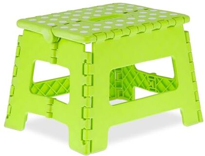 Relaxdays Sgabello Pieghevole, Sgabellino Antiscivolo con Un Gradino e Manico Fino a 120 kg, 22,5x32x25 cm, Verde Bianco, 100% plastica