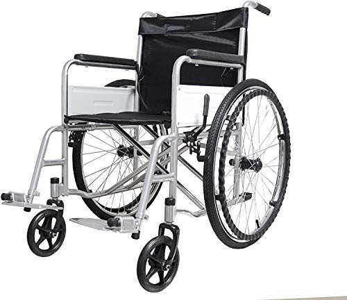 EGLEMTEK Sedia a Rotelle Pieghevole Leggera ad Autospinta, Carrozzina per Disabili ed Anziani con Braccioli e Poggiapiedi Estraibili, Cintura di Sicurezza, 85 x 69 x 91 cm Colore Nero e Argento