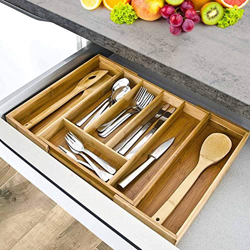 BAKAJI Vassoio Portaposate da Cassetto Estendibile per Cucina in Legno di bambù con 5 Scomparti Porta Posate + 2 a Scomparsa Colore Bamboo Naturale Salvaspazio (33,5 x 29 x 5 cm)