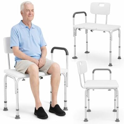 BAKAJI Sgabello da Doccia Doppio con Schienale e Braccioli, Struttura Alluminio e Seduta Ergonomica in HDPE, Sedile da Bagno per Anziani, trasferimento vasca da bagno BAKAJI Sgabello da Doccia Doppio con Schienale e Braccioli, Struttura Alluminio e Seduta Ergonomica in HDPE, Sedile da Bagno per Anziani, trasferimento vasca da bagno