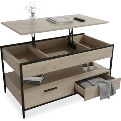 Relaxdays Tavolino, con Alzata, 2 cassetti, 4 Scomparti, HLP 48 x 100 x 50 cm, Industriale, Legno Relaxdays Tavolino, con Alzata, 2 cassetti, 4 Scomparti, HLP 48 x 100 x 50 cm, Industriale, Legno