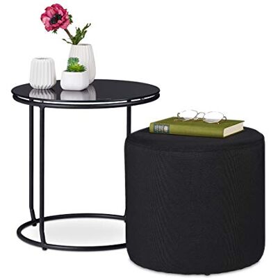 Relaxdays Set Tavolino e Sgabello, 40 x 40 cm, Tavolo con Pouf Salvaspazio Rotondo per Divano, Vetro e Metallo, Nero Relaxdays Set Tavolino e Sgabello, 40 x 40 cm, Tavolo con Pouf Salvaspazio Rotondo per Divano, Vetro e Metallo, Nero