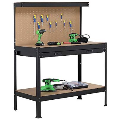BAKAJI Banco da Lavoro Officina Porta Utensili Bancone Struttura in Metallo Piani in Legno MDF con Parete Ganci Portattrezzi Cassetto e Ripiani Colore Nero Dimensione Tavolo (120 x 140 cm) BAKAJI Banco da Lavoro Officina Porta Utensili Bancone Struttura in Metallo Piani in Legno MDF con Parete Ganci Portattrezzi Cassetto e Ripiani Colore Nero Dimensione Tavolo (120 x 140 cm)