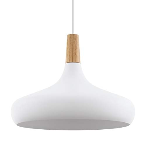 Eglo lampada a sospensione Sabinar, lampada a sospensione a uno punto luce, lampada appesa in acciaio e legno, bianco, marrone, E27, diametro 40 cm