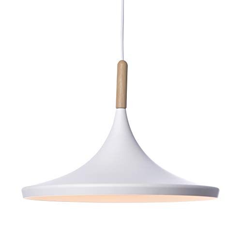LUSSIOL Birgit, lampada a sospensione metallo/legno, 40 W, bianco/naturale, ø 36 x H 26 cm