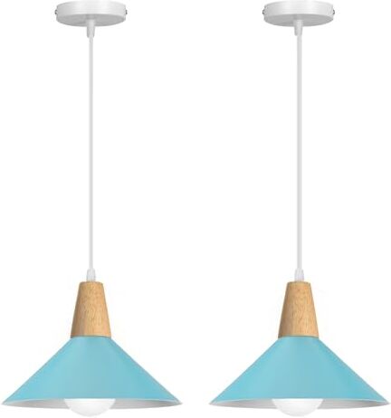 LIGKIN 2 Pezzi Lampadario a Sospensione Moderno E27 Lampadari Industriale Ø25cm Paralume Metallo Lampade a sospensione Legno per Cucina Sala da Pranzo Sala Caffè (Blu)