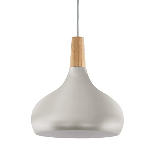 Eglo Sabinar Lampada a Sospensione a 1 Luce, Attacco E27. Diametro 28 cm, in Acciaio e Legno, Argento Spazzolato, Marrone