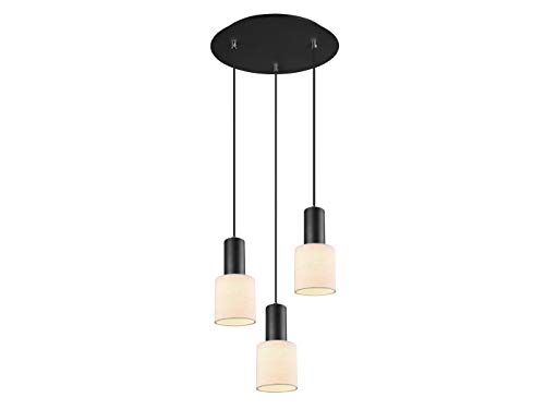 Trio-Leuchten Wailer  Lampadario a sospensione in metallo nero opaco, paralume in tessuto grigio, cavo in tessuto nero, 3 x GU10