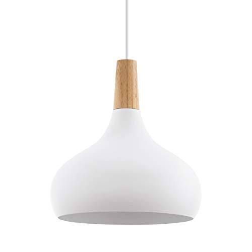 Eglo lampada a sospensione Sabinar, lampada a sospensione a uno punto luce, lampada appesa in acciaio e legno, bianco, marrone, E27, diametro 28 cm