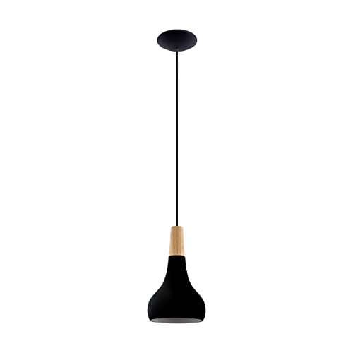 Eglo lampada a sospensione Sabinar, lampada sospesa, illuminazione da sala da pranzo in metallo nero e legno naturale, FSC100HB, E27, Ø 18 cm