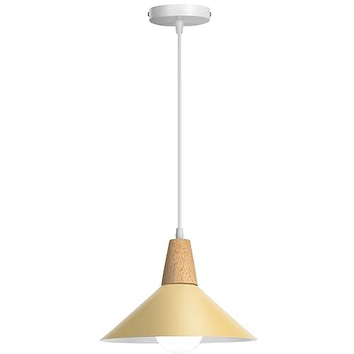 LIGKIN Lampadario a Sospensione Moderno E27 Lampadari Industriale Ø25cm Paralume Metallo Lampade a sospensione Legno per Cucina Sala da Pranzo Sala Caffè (Giallo)