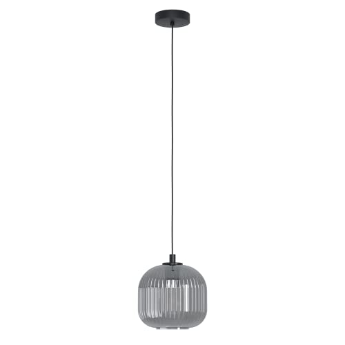 Eglo lampada a sospensione Mantunalle 1, luce a sospensione, illuminazione in metallo in nero e vetro fumé nero-trasparente, attacco E27, Ø 20 cm