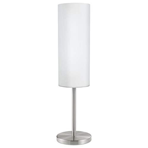 Eglo Lampada da tavolo Troy 3, lampada da tavolo uno punto luce, lampada da comodino in acciaio, nichel opaco, satinato, bianco, E27, interruttore incl