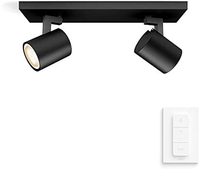 Philips White Ambiance Runner, 2 Faretti LED Smart, Lampadina GU10 Inclusa, Telecomando Dimmer Switch Incluso, Dimmerabile, Bluetooh, 2 x 5.5 W, Nero