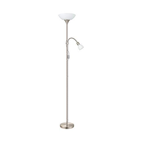 Eglo Up 2 Lampada a piantana a 2 luci, lampada da pavimento in metallo, vetro e plastica, lampada da salotto in argento, bianco, lampada con interruttore, lampada da lettura, E27, E14