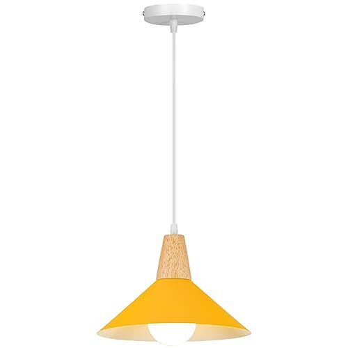 LIGKIN Lampadario a Sospensione Moderno E27 Lampadari Industriale Ø25cm Paralume Metallo Lampade a sospensione Legno per Cucina Sala da Pranzo Sala Caffè (Giallo scuro)