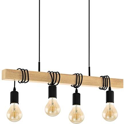 Eglo Lampada a sospensione Townshend, lampada rustica retrò in design industrial e vintage, lampada da sala da pranzo in legno a 4 punti luce , con attacco E27