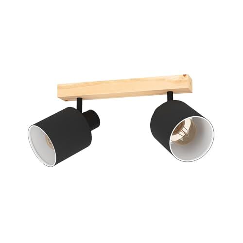 Eglo lampada da soffitto Batallas, lampada da soffitto a due fiamme skandi, faretto in legno, tessuto, metallo, lampada da soggiorno in natura, nero, bianco, lampada da camera da letto, spot E27