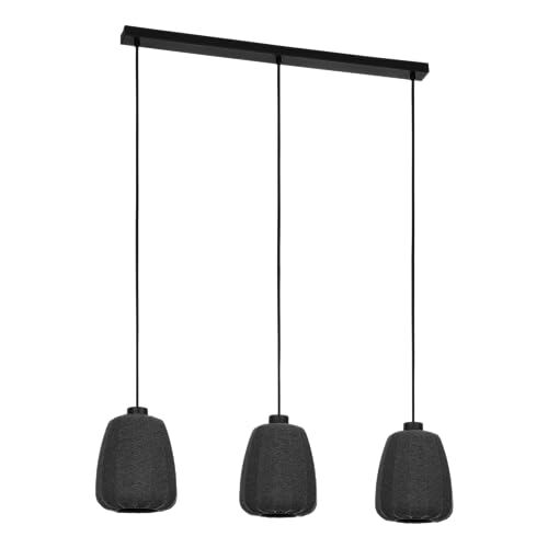 Eglo Barlaston Lampadario a 3 luci per il tavolo da pranzo, lampadario per sala da pranzo in tessuto grigio e metallo nero, lampadario con attacco E27, diametro 88 cm