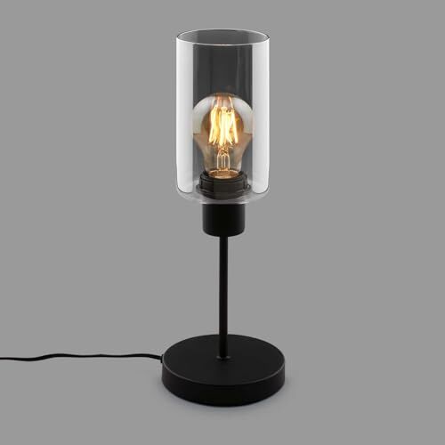 Briloner Lampada da comodino, vetro fumé, lampada da scrivania con interruttore a cavo, lampada da tavolo E27 per home office, lampada da lettura, nero