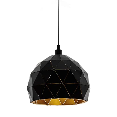 Eglo Roccaforte Lampadario a 1 luce, lampada a sospensione in metallo nero e oro, attacco E27, diametro 30 cm