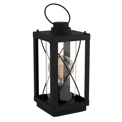 Eglo lampada da tavolo Bradford 1, luce da tavolo singola, illuminazione da comodino in metallo nero e vetro trasparente, lampada con interruttore, presa E27