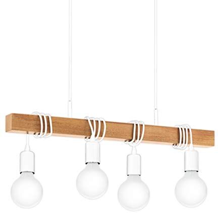 Eglo Lampada a sospensione Townshend, Lampadario sospeso vintage a quattro luci dal design industriale, Lampada sospesa retrò in acciaio e legno, bianco, marrone, E27