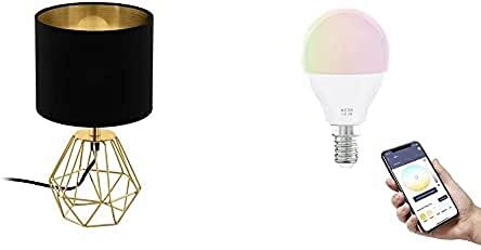 Eglo Lampada da tavolo vintage Carlton 2, incl. lampadina LED E14 Smart Home connect.z, lampada da comodino dimmerabile in acciaio e tessuto in oro e nero, RGB, bianco caldo-colore-bianco