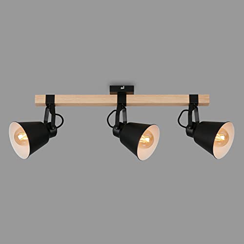 Briloner Lampade – Lampada da soffitto retrò con binario in legno, 3 luci, lampada da soffitto vintage, plafoniera vintage, attacco E27, max. 40 Watt, paralume regolabile, colore: nero