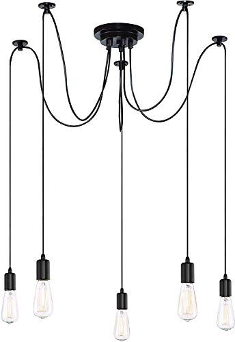 iDEGU Lampadario a Sospensione, Retrò Industriale Lampada da Soffitto con 5 Bracci a Stile Ragno Creativo DIY Lampada a Sospensione Vintage con Attacco E27 per Soggiorno Camera da Letto, 150CM, Nero