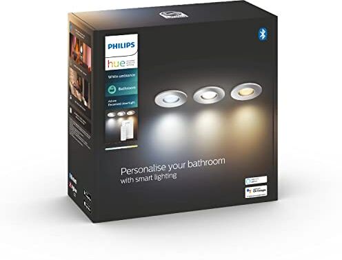 Philips White Ambiance Adore, 3 Faretti da Bagno Smart, Bluetooh, 5.5 W, Alluminio, Telecomando Dimmer Switch Incluso