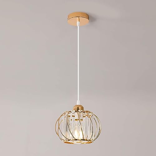 Pheashine Lampadario Cristallo Oro Moderna Lampada a Sospensione Lunghezza Regolabile, Gabbia in Metallo Rotondo Plafoniera Cristallo E27 per Soggiorno, Cucina, Camera da Letto