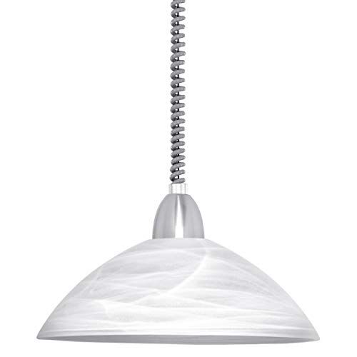 Eglo Lord 2 Lampadario, regolabile in altezza, lampada sospesa classica, lampada a pendolo da soggiorno in metallo color argento, plastica grigia e vetro alabastro bianco, attacco E27