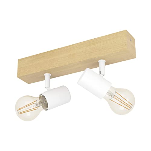 Eglo Lampada da soffitto Townshend 3, plafoniera vintage a due punti luce, dal design industrial, lampada retrò in acciaio e legno, bianco, marrone, E27