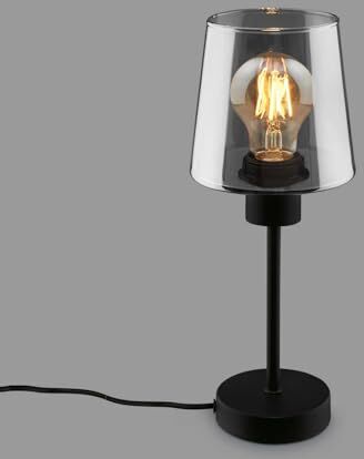 Briloner Lampada da comodino, vetro fumé, lampada da scrivania con interruttore a cavo, lampada da tavolo E27 per home office, lampada da lettura, nero