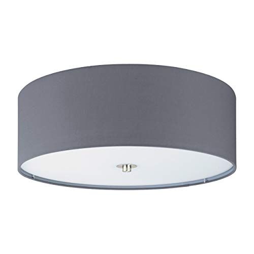 Eglo Plafoniera Pasteri, plafoniera tessile a tre punti luce, acciaio, tessuto, vetro, nichel opaco, grigio, E27, diametro 47,5 cm