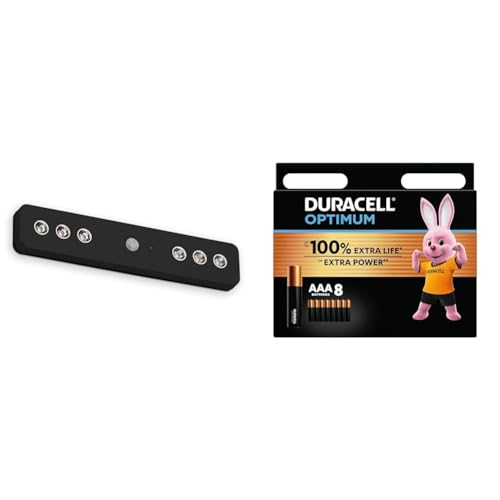 Briloner to a LED sotto l'armadio, luce per armadio, luce sotto l'armadio, luce notturna, nero + Batterie Duracell OptimumAAA(pacco da 8)-alcaline da1.5V Fino al 100%di extra durata o extra potenza -Soddisf