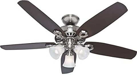 Hunter FAN Ventilatore da Soffitto Builder Plus 132 cm per Interni, con Luce e Catenella, Nichel Spazzolato, 5 Pale in Ciliegio Brasiliano, Ideale per l'Estate e l'Inverno, Modello