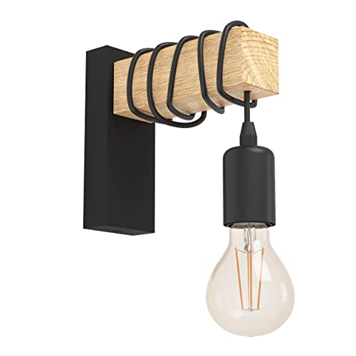 Eglo Lampada da parete Townshend, plafoniera vintage a uno punto luce, lampada da parete dal design industrial, lampada retrò in acciaio e legno, nero, marrone, E27