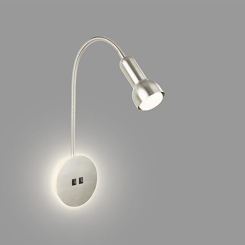 Briloner Lampada da lettura con retroilluminazione, Lampada da parete orientabile all'interno, Lampada LED con 2 interruttori, Lampada da parete all'interno, Nickel opaco